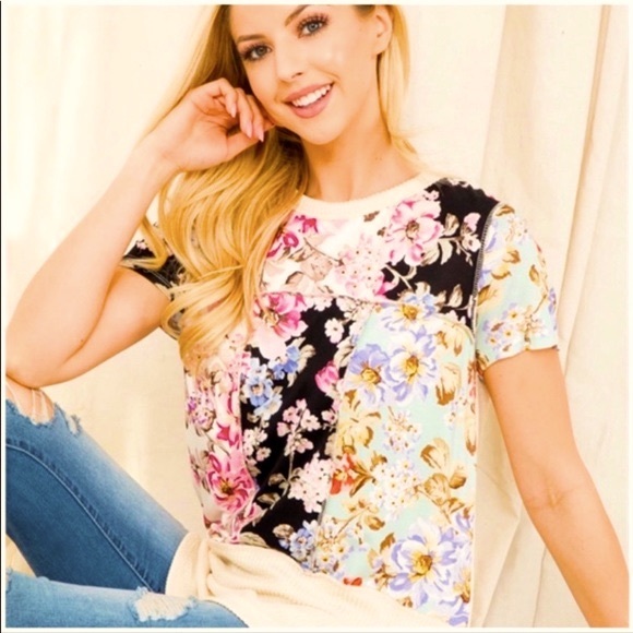✌🏼 #1334 Color Block Floral Contrast Gorgeous Tee - Picture 4 of 17